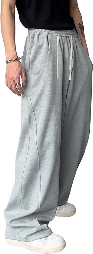 OYOANGLE Men's Drawstring Elastic Waist Baggy Sweatpants Y2K Loose Wide Leg Long Pants with Pocket