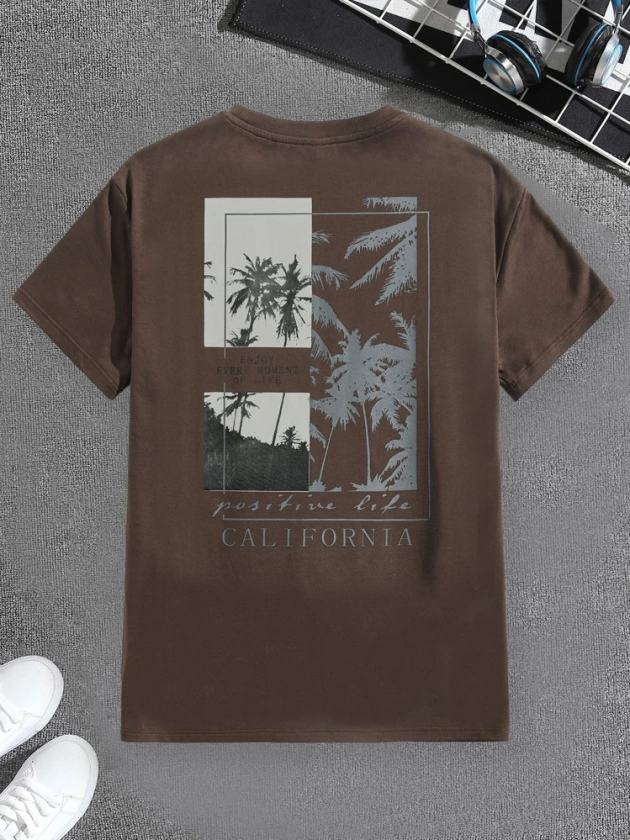 Manfinity RSRT Men T-Shirts Fit Crew Neck Short Sleeve Graphic Tee Palm Tree Casual Fashion Men Clothes Summer