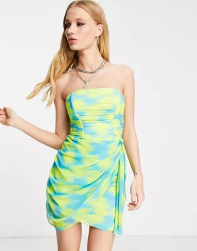Bershka ruched tie up side bandeau dress in mixed print | ASOS