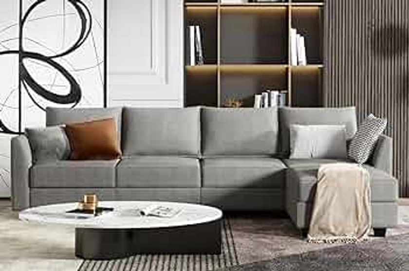 HONBAY Convertible Sectional Couch with Reversible Chaise Modern L-Shape Sofa 4-Seat Couch Modular Sectional Sofa with Storage Seats, Grey
