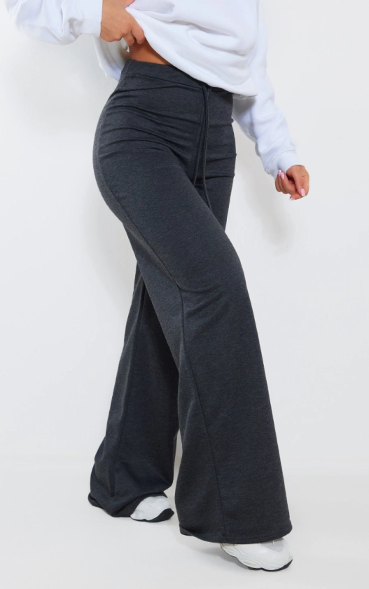 Charcoal Grey Lightweight Drawstring Waist Wide Leg Joggers