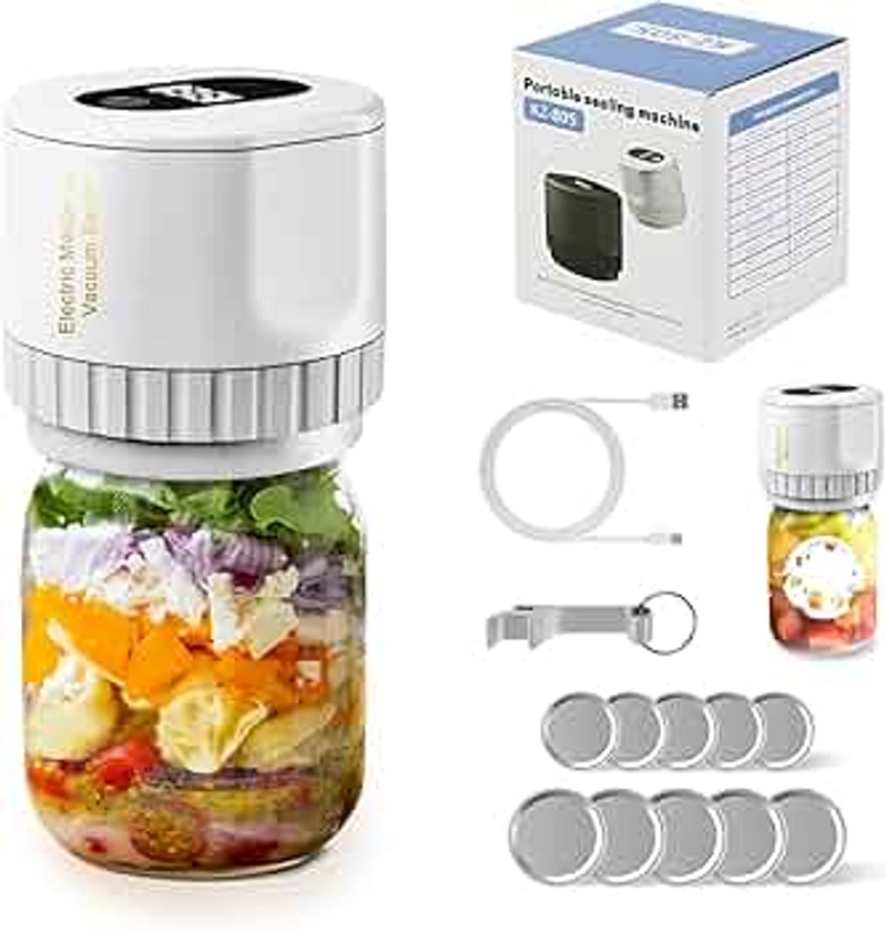 Mason Jar Vacuum Sealer Upgrade Auto Stop Electric Mason Jar Vacuum Sealer Kit 80kPa Mason Jar Vacuum Sealer with Wide and Regular Mouth Lids (White)