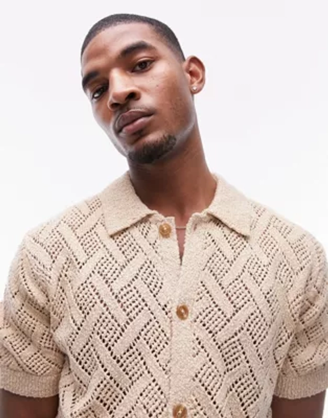 Topman crochet button through shirt in stone | ASOS