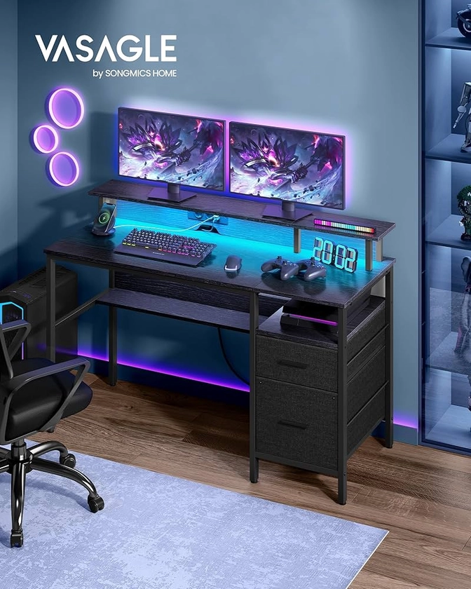 VASAGLE Bureau Gaming avec Lumières LED et Multiprise, Bureau Informatique avec Support d'Écran, Table avec Rangement, 2 Tiroirs, 2 Ports USB, pour Bureau, Noir Boisé LWD094B56 : Amazon.fr: Cuisine et Maison