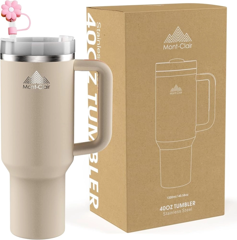 Tumbler 40oz - Thermos Isotherme - Mug Isotherme avec Paille Couvercle Poignée - Gourde boissons chaudes et froides - Froid pendant 10 heures - Glacé pendant 48 heures - 1200ml - Rose Quartz