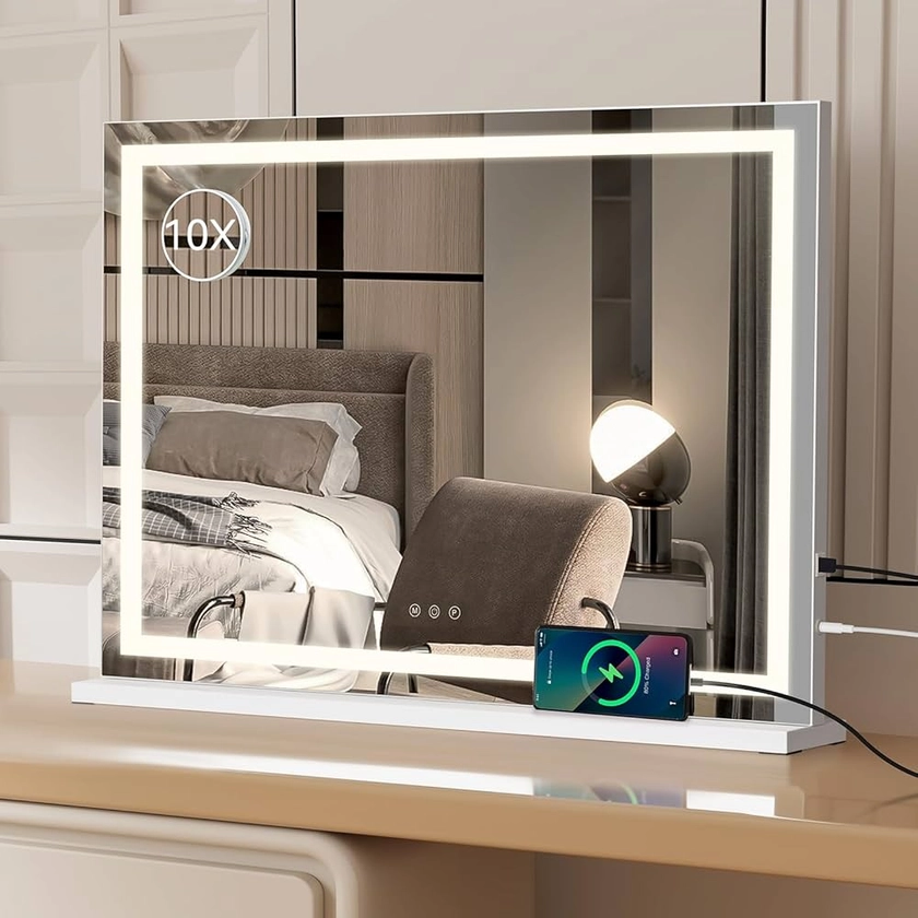 YU YUSING Miroir de Maquillage Hollywood avec Éclairage, Miroir Hollywood LED 80 x 56 cm, 3 Températures de Couleur, Grand Miroir Cosmétique Miroir de Table avec Interrupteur Tactile USB