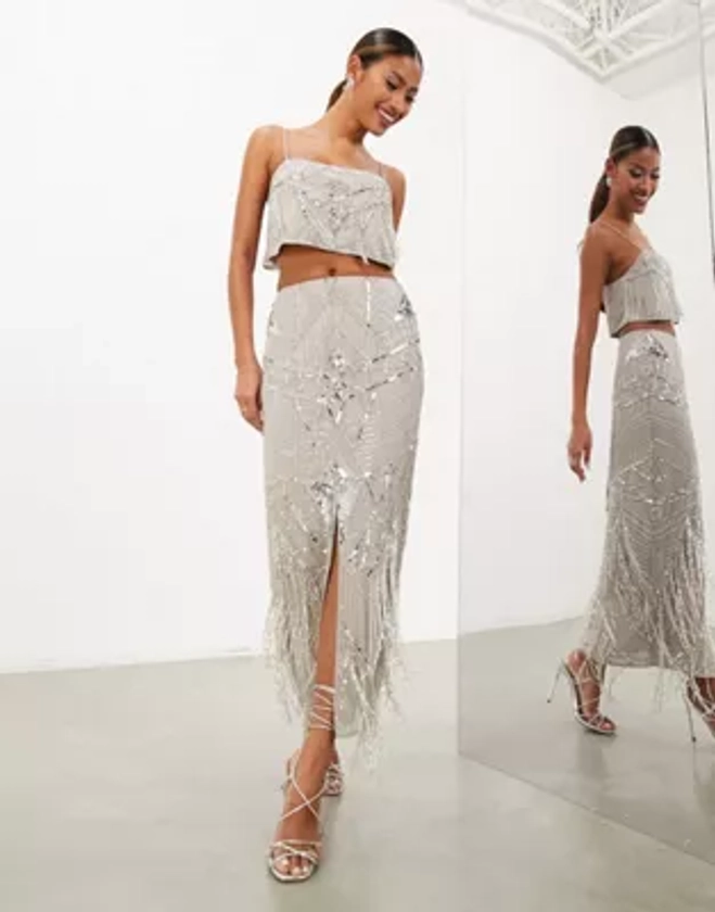 ASOS EDITION sequin and fringe artwork cami top and midi skirt in pale grey | ASOS