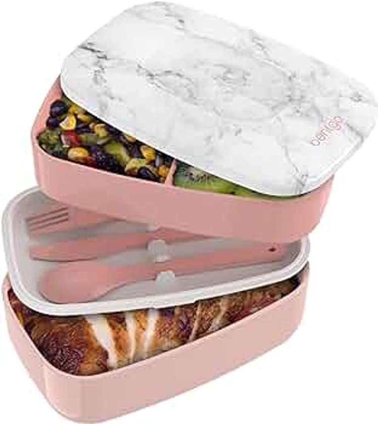 Bentgo® Classic - Adult Bento Box, All-in-One Stackable Lunch Box Container with 3 Compartments, Plastic Utensils, and Nylon Sealing Strap, BPA Free Food Container (Blush Marble)