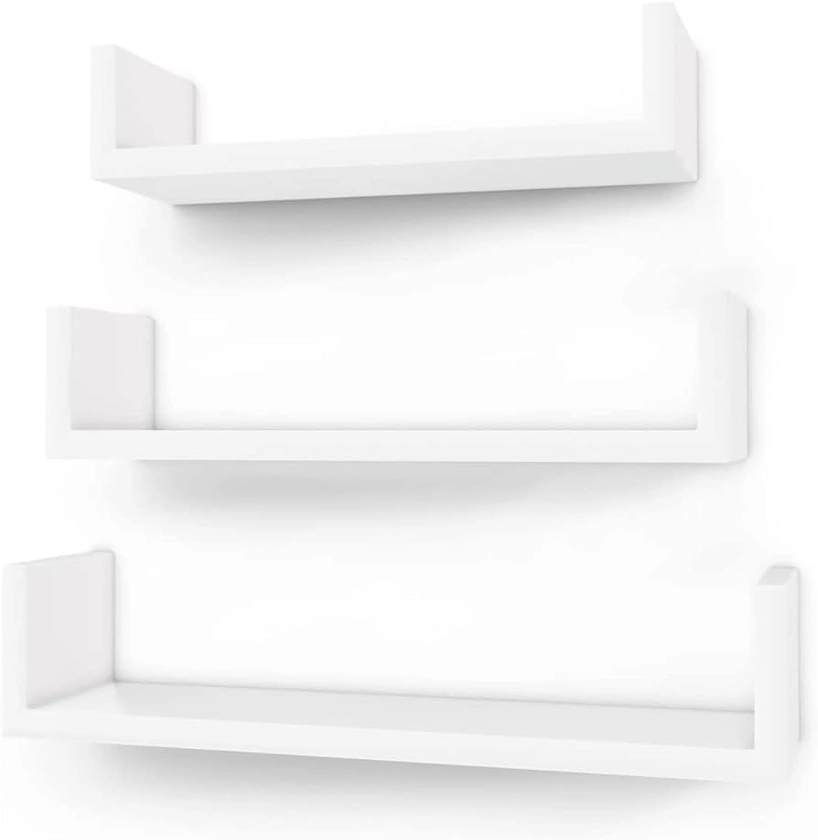 SONGMICS Set of 3 Modern Wall Shelves, Floating MDF Storage Shelving with High Gloss Finish, and Invisible Mounting, White LWS40WT