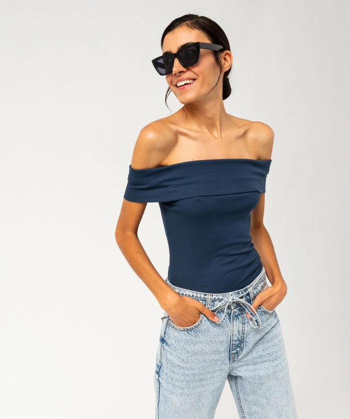 Body sans manches avec col Bardot femme bleu | GEMO