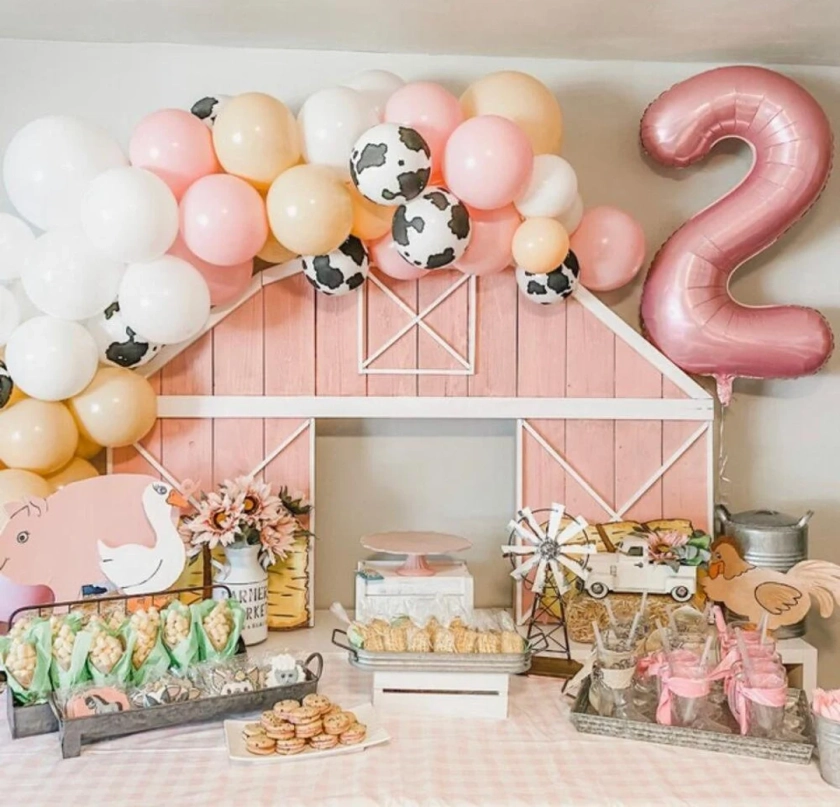 Kit de guirlande de ballons DIY rose du sud sur le thème de la ferme rurale Cow Girl | Arche de ballons DIY Dusty Rose | Ballons imprimés vache | Décoration de fête