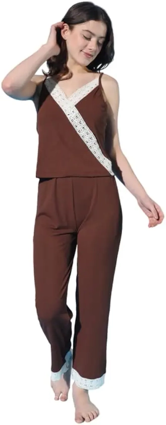 TAMAM Womens Ribbed Night Suit Strap Top & Trouser Coffee Brown L : Amazon.in: Fashion