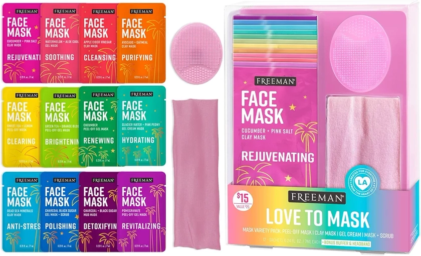 Freeman Facial Love To Mask 14 Piece Variety Pack: Oil Absorbing Clay, Detoxifying Charcoal, Clearing Peel Off, Hydrating Gel Cream, Exfoliating Scrub, With Bonus Buffer and Headband