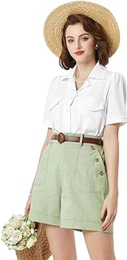 Belle Poque Women's Short Sleeve Button Down Shirt Summer Collared Casual Work Blouse Tops with Two Pockets