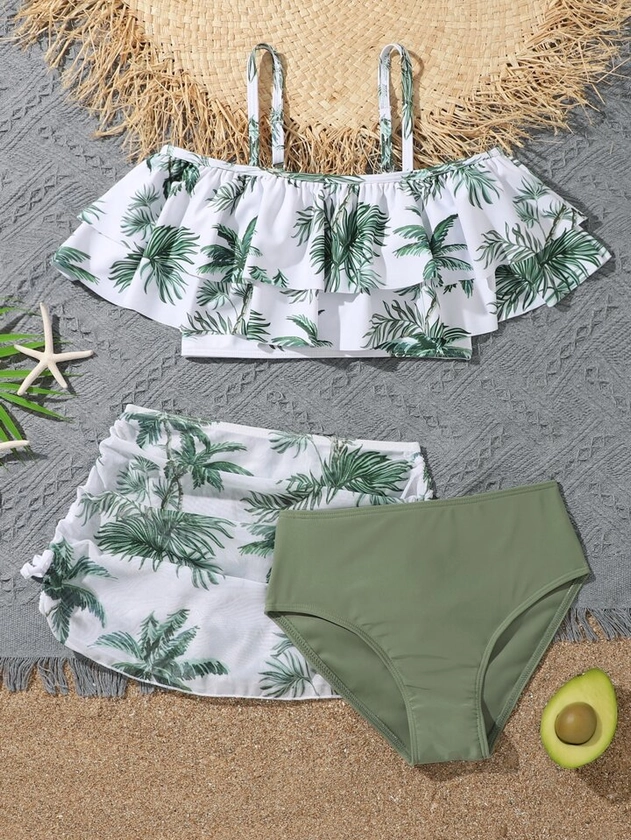 Tween Girl Tropical Print Ruffle Hem Bikini Swimsuit With Beach Skirt