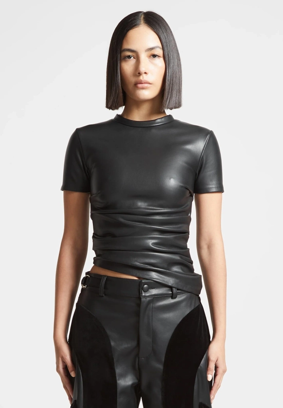 Vegan Leather Ruched T-Shirt - Black