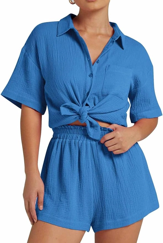 Flygo Womens Casual 2 Piece Outfits Cotton Linen Sets Button Down Shirt Shorts Resort Wear 2024 Pajama Beach Set at Amazon Women’s Clothing store