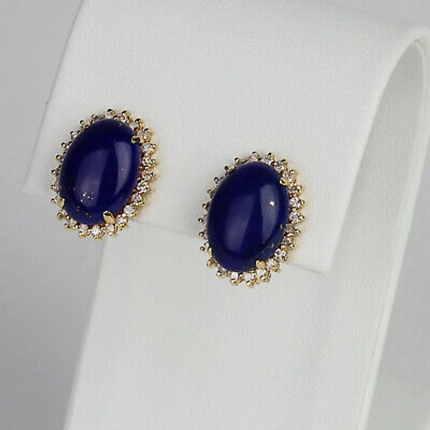 Vintage 14k Yellow Gold, Lapis, Diamond Halo Women's Omega/Stud Earrings