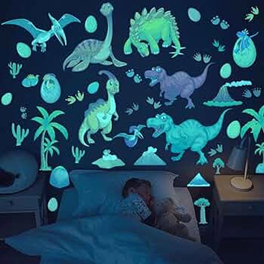 Glow in The Dark Dinosaur Wall Decals，Glowing Dinosaur Wall Stickers Colorful Large Removable self-Adhesive Dinosaur Decal for Ceiling Boys Bedroom Kids Baby Nursery Living Room Decoration