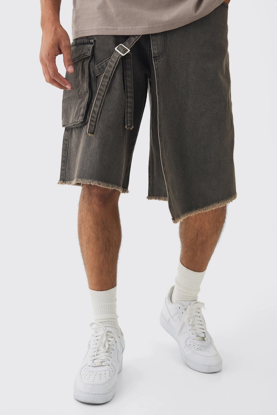 Strap Overlayed Denim Cargo Jorts | boohooMAN FR