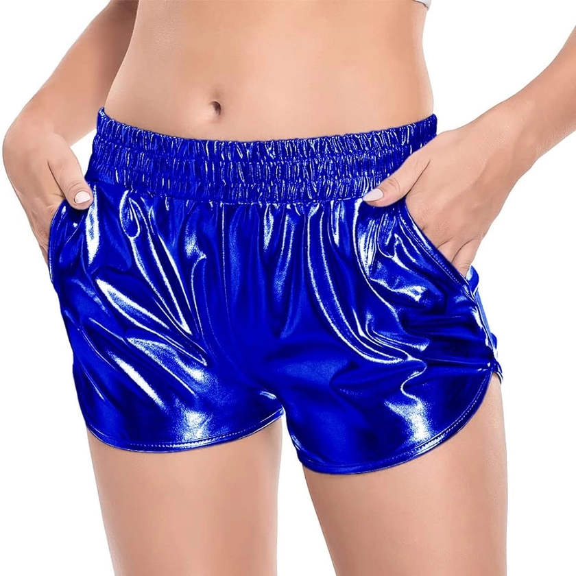 Fenyong Women's Metallic Shorts Shiny Pants with Elastic Waist Hot Rave Dance