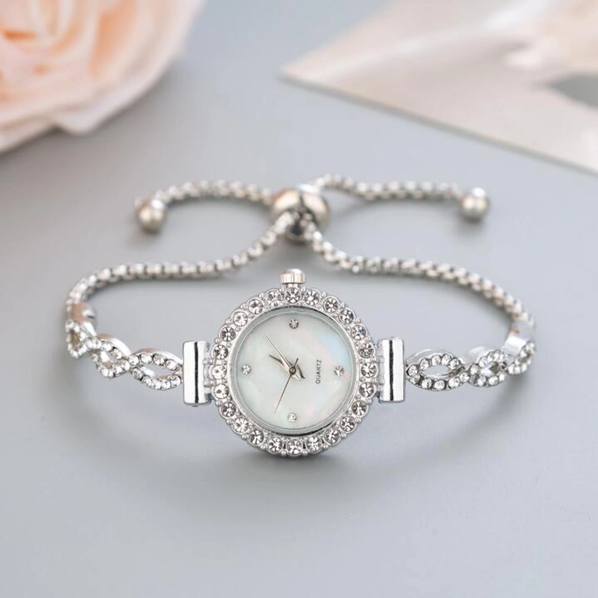 2023 Cute Fashionable Women's Bracelet Watch - Deluxe Round Dial With Rhinestone & Water Pattern, Alloy Band & Quartz Movement - Perfect Girlfriend Gift