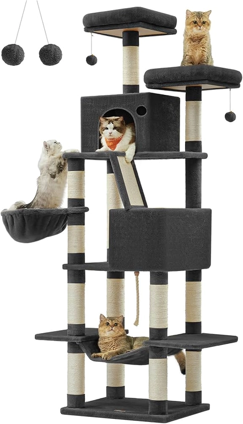 Feandrea Arbre à Chat, Hauteur 206 cm, avec 13 Griffoirs, 2 Plate-Forme, 2 Niches, Panier, Hamac, Pompon, Tissu Peluche, Multi-Niveaux pour Chat d'Intérieur, Noir d'encre PCT190B01 : Amazon.fr: Animalerie