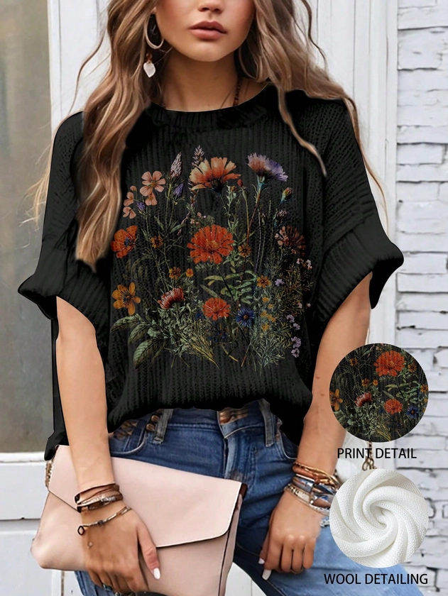 Plus Size Women Floral Print Casual Crew Neck Knit Sweater Top