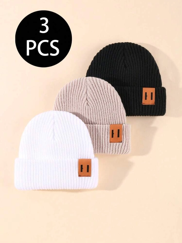 3 Baby Unisex Knit Hats Cute Warm Plain Hats