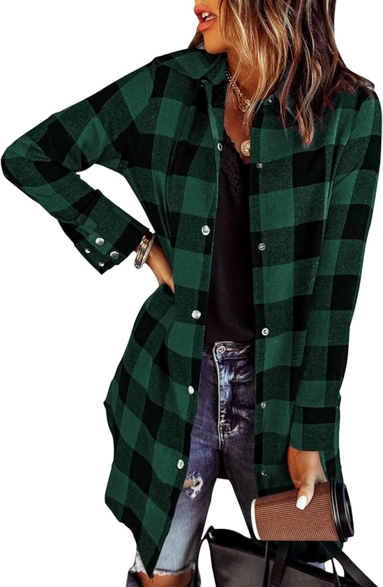 Zeagoo Flannel for Women 2024 Fall Fashion Long Sleeve Plaid Button Down Shirts Shacket Blouse Top with Pockets