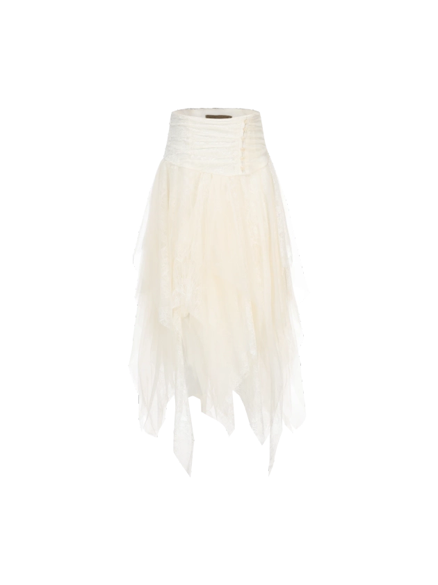 White Lace Asymmetric Mesh Mid-Length Skirt