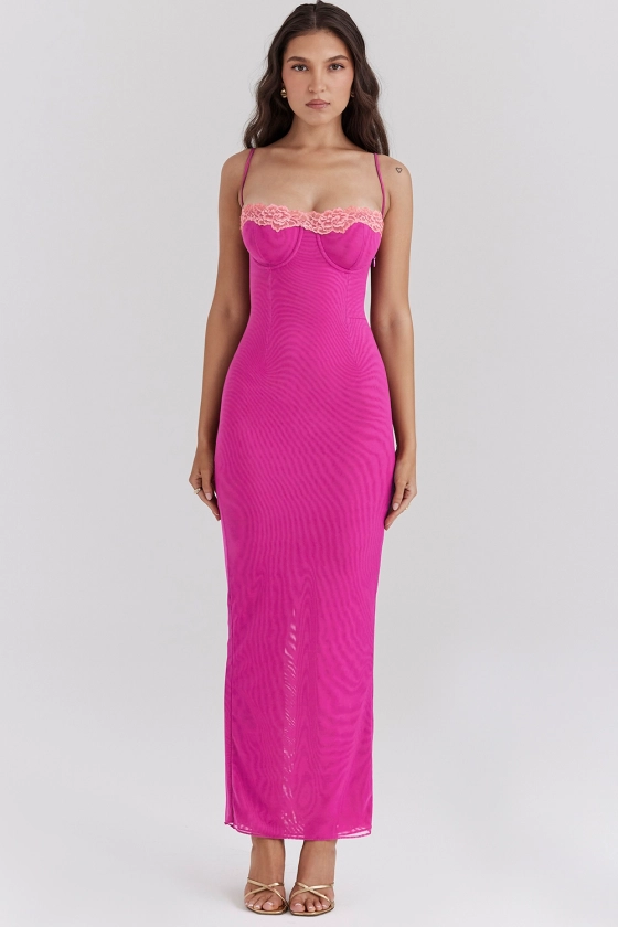 Clothing : Maxi Dresses: 'Aiza' Raspberry Lace Trimmed Maxi Dress