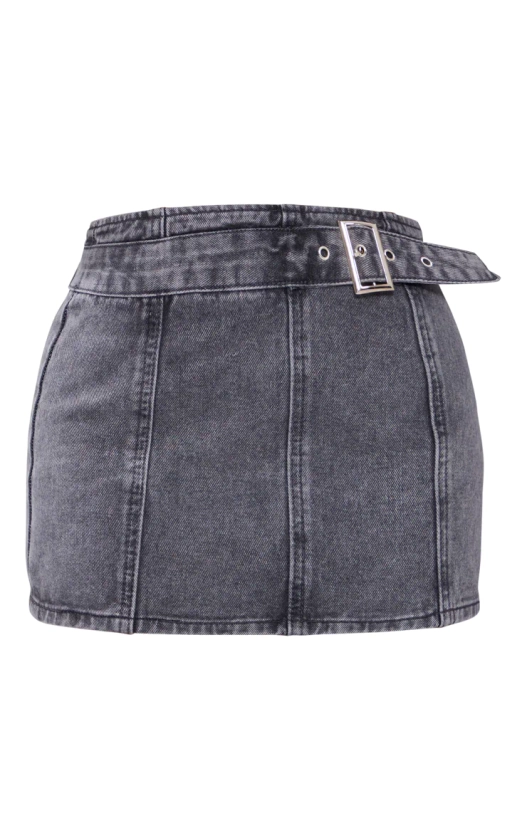 Petite Grey Acid Wash Denim Buckle Detail Mini Skirt