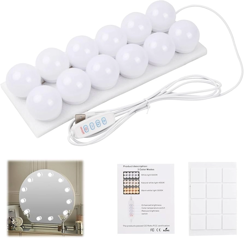 Pagezol Vanity Mirror Lights Kits, 12 Bulbs Hollywood Style LED Makeup Lights with USB Cable, 3 Colour Changing & 9-Level Brightness, Make up Light for Dressing Table Room, Bathroom