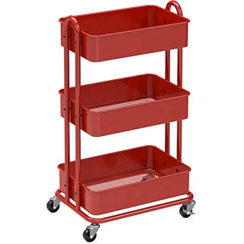 SimpleHouseware Heavy Duty 3-Tier Metal Utility Rolling Cart, Red