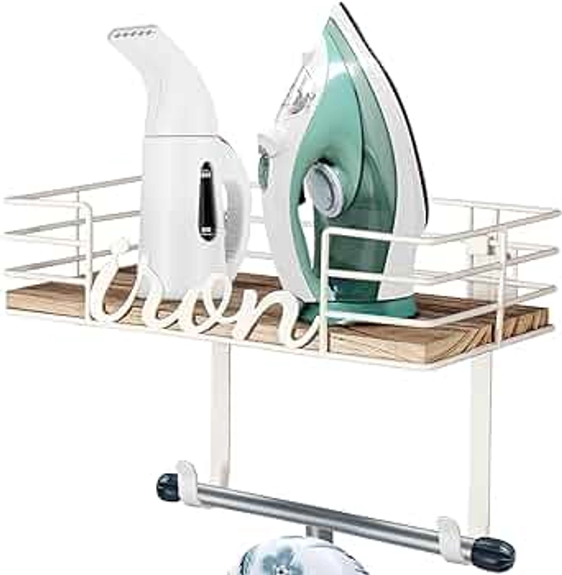 TJ.MOREE Ironing Board Hanger Wall Mount - Laundry Room Iron and Ironing Board Holder, Metal Wall Mount with Large Storage Wooden Base Basket and Removable Hooks (White)