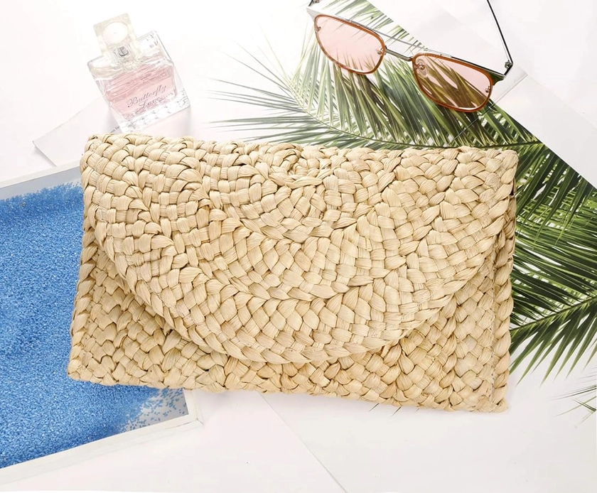 COOKOOKY Straw Clutch Handbag Summer Beach Straw Purse for Women woven Envelope Bag