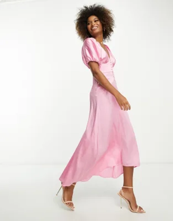 ASOS DESIGN - Robe mi-longue en satin à manches chauve-souris avec ourlet asymétrique et boutonnage - Rose | ASOS