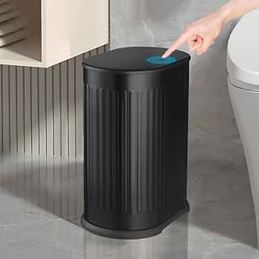 Anzoymx Bathroom Trash Cans Black Stainless Steel Small Garbage Can with Pop up Lid, 1.8 Gallons Dog Proof Narrow Wastebasket, Slim Litter Trash Bins for Bedroom, Toilet, Office