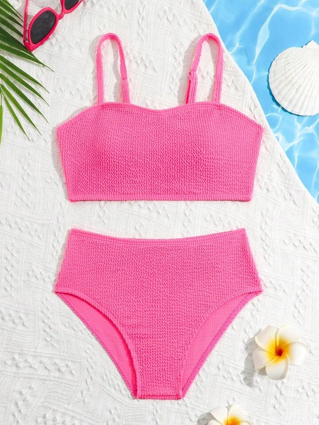 Tween Girls' Solid Color Textured Bikini Set, Separated Swimsuit