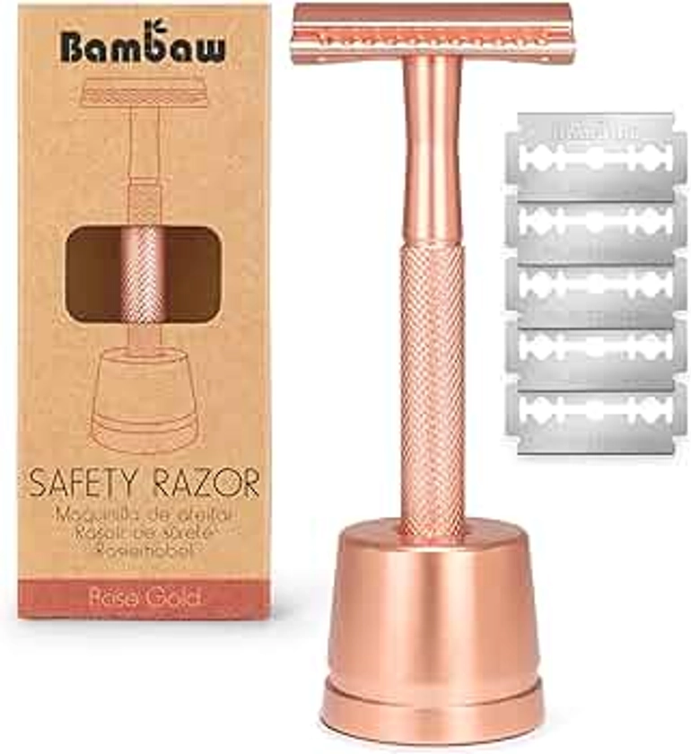 Bambaw Double Edge Safety Razor with Stand, Women Razor with 5 Double Edge Safety Razor Blades, Plastic Free Metal Razor – Rose Gold