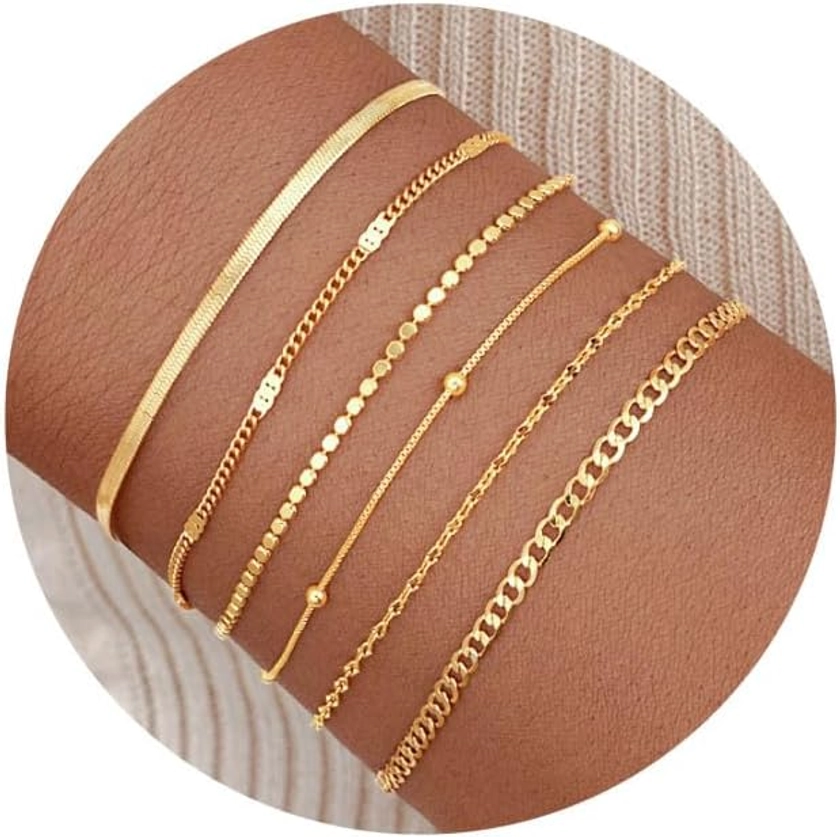 Gold Bracelets for Women, 14K Gold Plated Dainty Bracelets Set, Layered Chain Bracelets Pack Jewelry