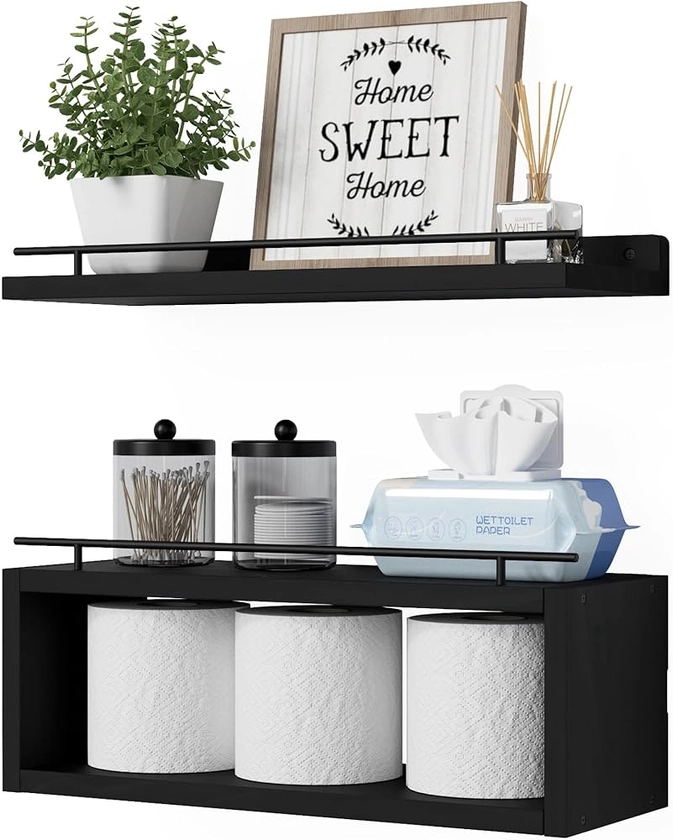Amazon.com: WOPITUES Floating Shelf with Extra Cube Shelf, Shelves for Wall Decor with Gold Metal Rail, Wall Shelves for Bedroom, Bathroom, Kitchen, Living Room, Plants, Pictures, Toilet Paper- Gold in Black : Home & Kitchen