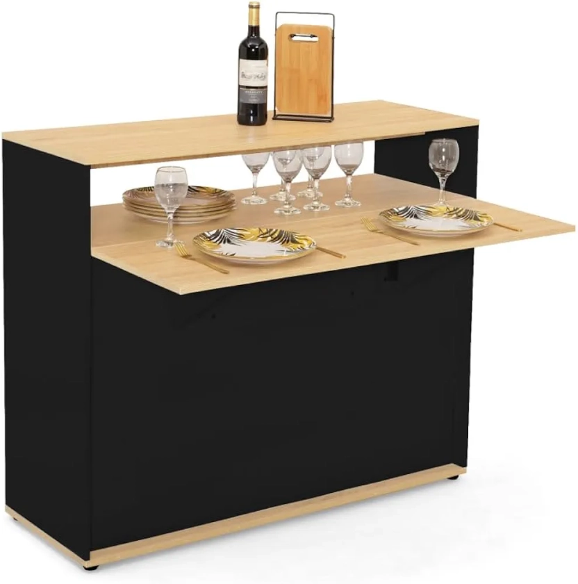 IDMarket - Meuble de bar extensible en table à manger 2 personnes VITO noir et plateau bois