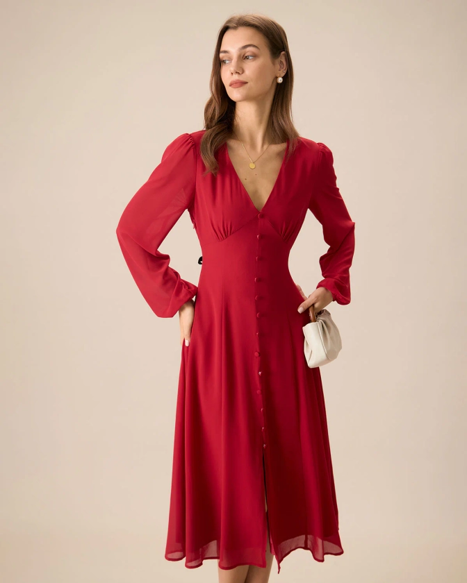 Women's Red V-Neck Puff Sleeve Slit Midi Dress