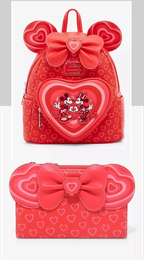 NWT Loungefly Disney Minnie Mouse Hearts Ears Mini Backpack & Wallet