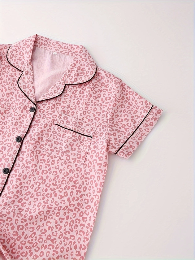 Leopard Print Pajama Set, Casual Short Sleeve Buttons Lapel Top & Elastic Shorts, Women's Sleepwear