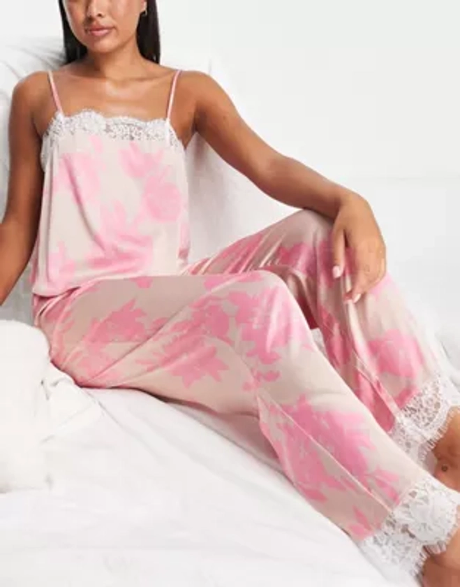 River Island floral satin and lace pajama set in bright pink | ASOS