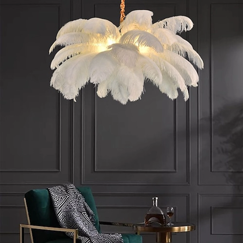 LED Pendant Light Chandelier Gorgeous Extra Large White Ostrich Feather Bouquet Pendant Light Romantic Mounted Lighting Fixture for Restaurant Bedroom 2024 - $279.99