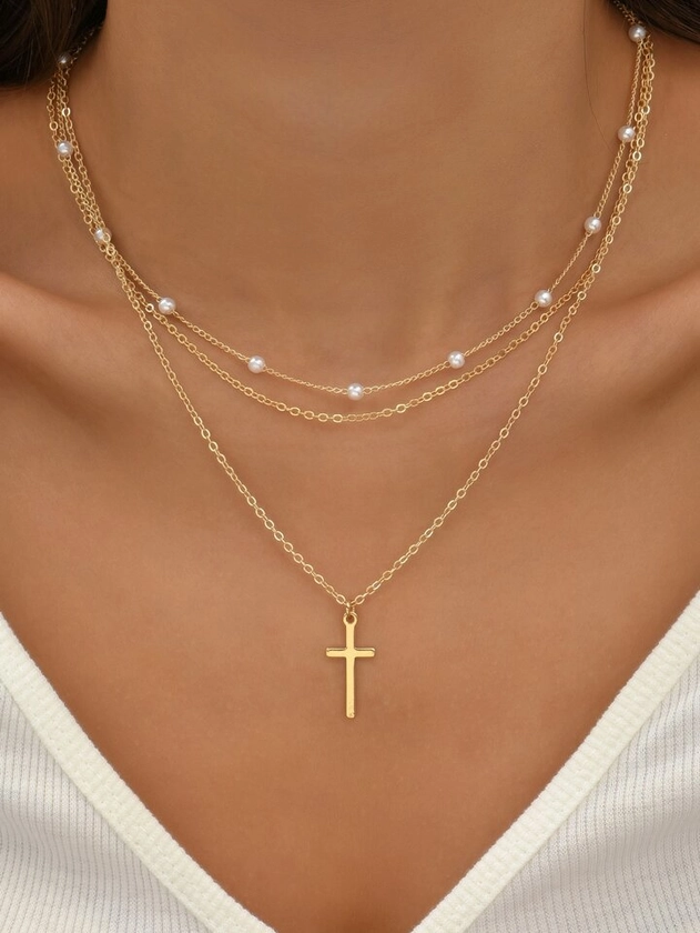 2pcs Women Pearl & Cross Pendant Necklaces (Random Pearls Per Necklace)